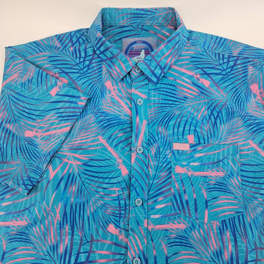 Retro Rifle Breach Mens 2XL Blue Pink Tropical Palm Lever Action Button Up Shirt
